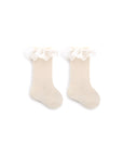 Cream cotton lace knee-high socks for baby girls, delicate ruffle edge spring socks