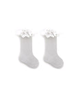 Light gray lace ruffle knee-high baby socks, soft breathable cotton toddler socks