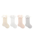 Set of lace knee-high baby socks in beige, white, pink, and gray, breathable cotton ruffle design