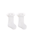 White lace knee-high cotton socks for baby girls, soft breathable ruffle socks for toddlers