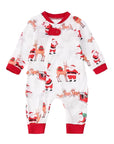 Baby Christmas romper pajamas with Santa Claus and reindeer print, red trim.