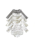 Baby Peter Pan collar romper set 4 pack in neutral tones with floral, stripe, polka dot and plain designs