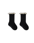 Black ribbed baby socks with lace ruffle edge, non-slip sole for toddlers