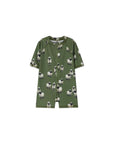 Green sheep print baby zip swim romper with short sleeves, UPF50 toddler swimsuit, breathable quick dry fabric for beach and pool