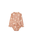 Baby shell print long sleeve swimsuit in peach with frill detail