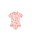 Baby strawberry print short sleeve swimsuit, toddler girls summer swimwear, cute fruit print baby one piece with front zip