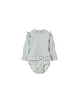 Baby green stripe long sleeve swimsuit with frill detail