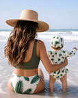 baby tropical leaf long sleeve swimsuit with matching swim hat and green palm print