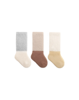 Baby wearing two-tone winter knit baby socks – cosy cotton socks UK