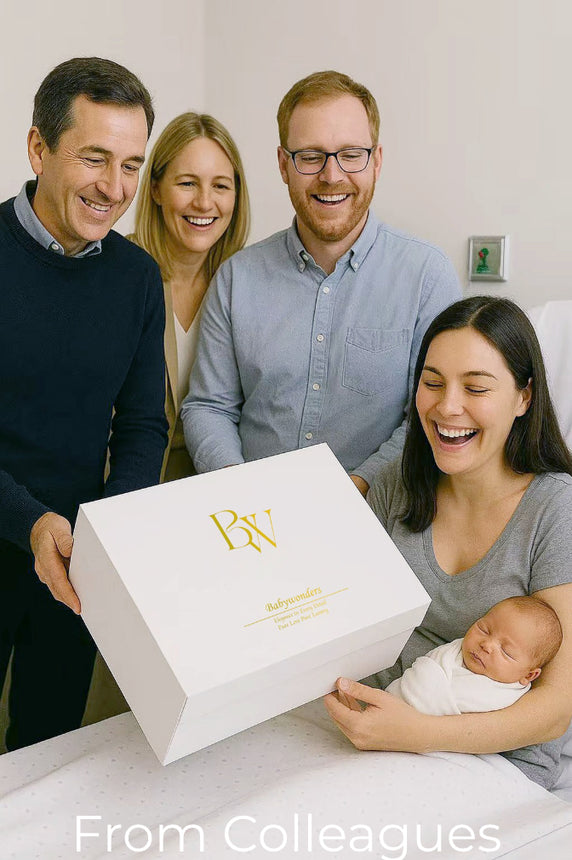 New mum receiving Babywonders gift box from coworkers at hospital