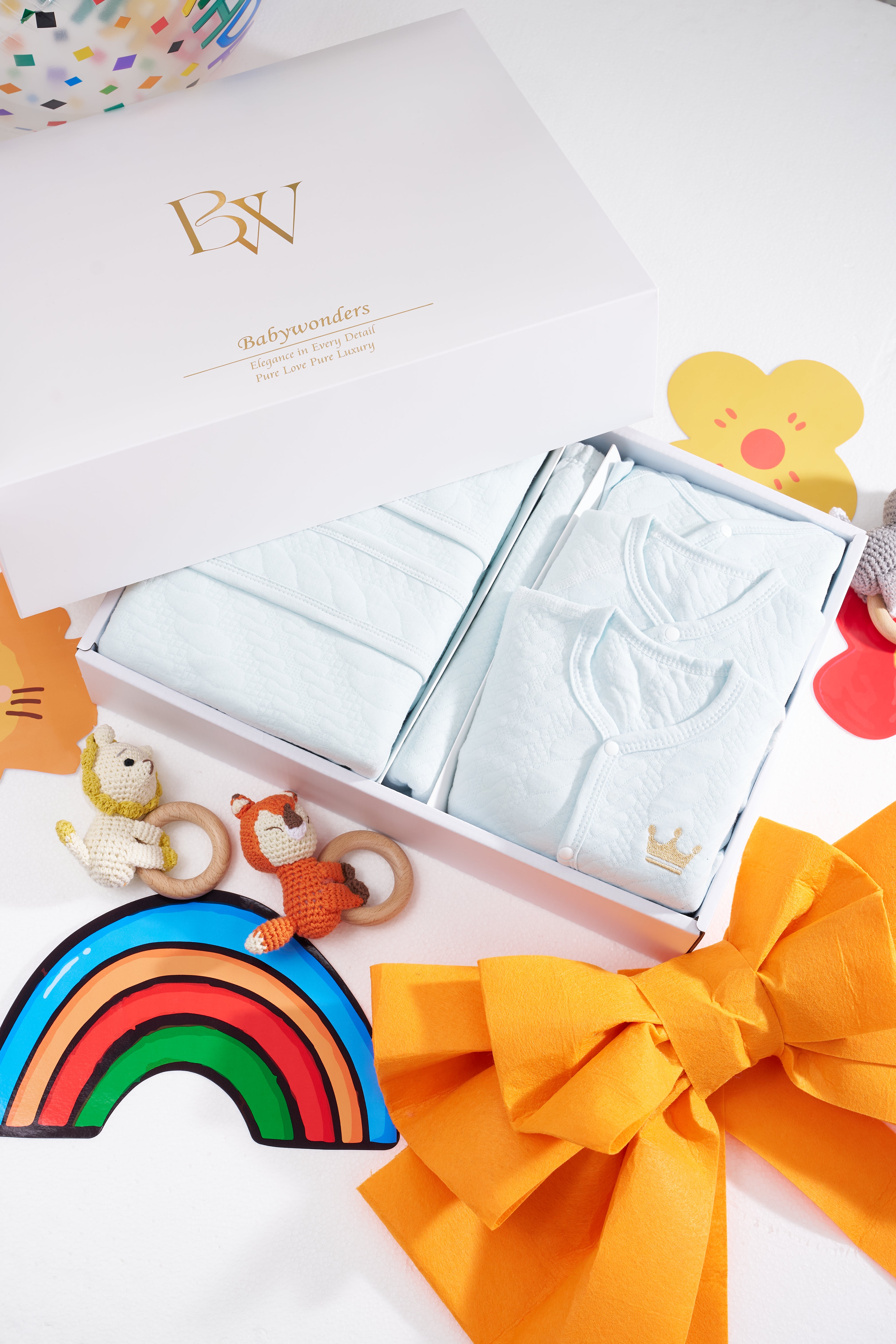 Babywonders UK baby gift set box opened to reveal bodysuit, swaddle, baby pillow, baby bibs and bonnet – ideal for baby showers and first birthdays