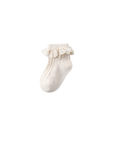 Beige cotton baby socks with lace frill cuff, soft and seamless for sensitive baby skin.