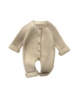 Beige ribbed baby romper with front buttons and folded cuffs, soft knit cotton material