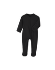 Black cotton zip-up baby romper with footed design and long sleeves.