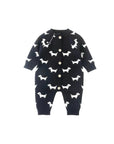 Black knitted baby romper with white dachshund print and long sleeves