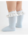 toddler wearing blue ruffle socks – soft cotton frill socks for babies and toddlers