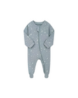 blue baby sleeper with white star and moon pattern, soft cotton zip romper