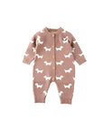 Brown knitted baby romper featuring white dog print and button-up front