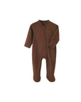Brown long sleeve cotton baby romper with front zipper and covered feet.