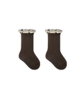 Brown cotton toddler socks with frill trim and ribbed texture