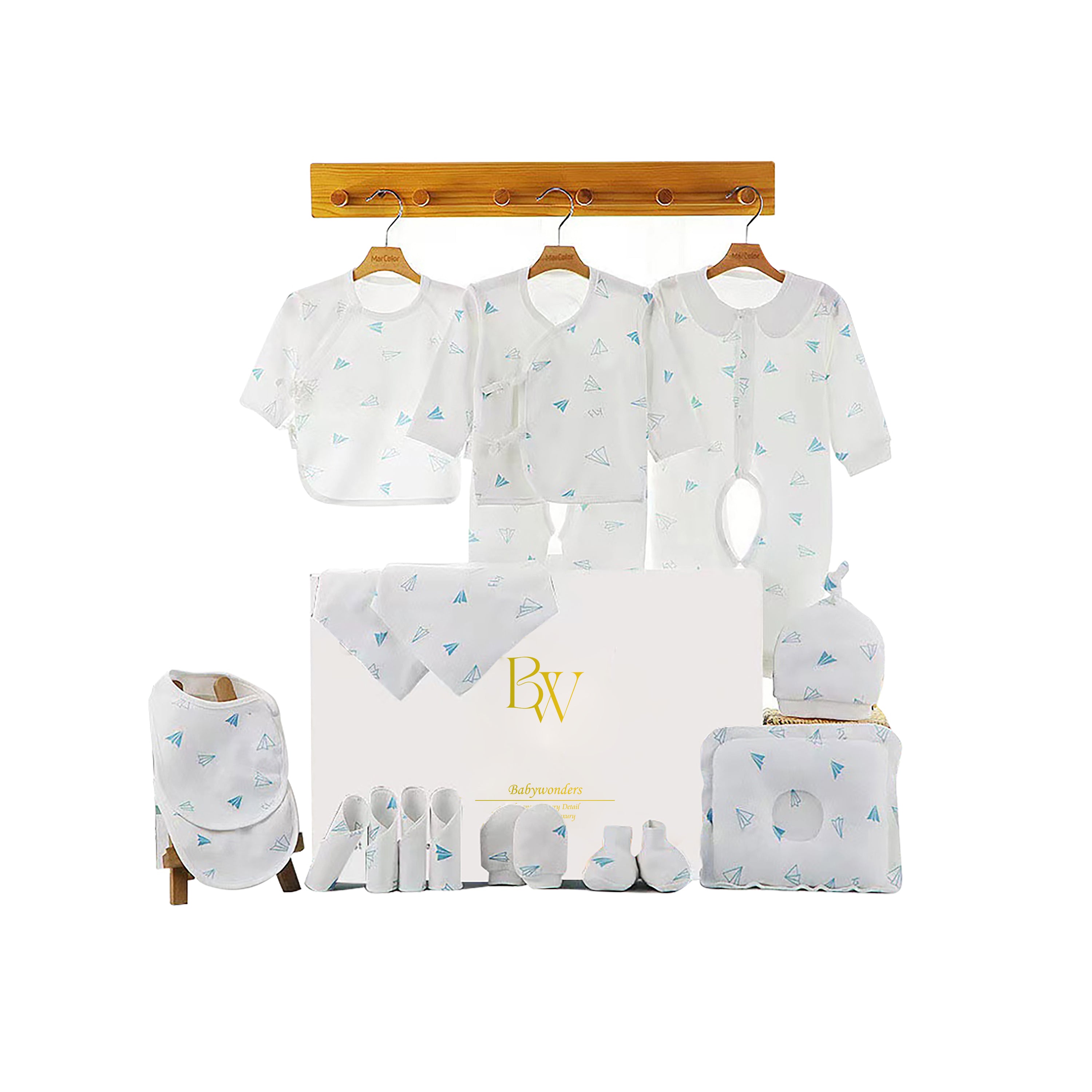 Newborn baby gift set with blue clothes and paper plane print