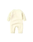 Cream cable knit baby romper back view, soft cotton long sleeve baby jumpsuit with hat, warm newborn baby outfit for autumn winter