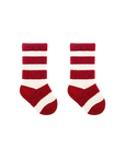 Pair of red and white striped baby socks inspired by Christmas candy cane design.