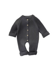 Charcoal gray ribbed knit baby romper with wooden buttons, warm and cozy long-sleeve design