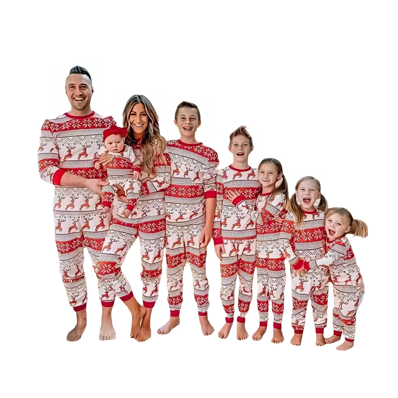 Christmas family matching reindeer pajamas set for parents and kids, festive red holiday sleepwear