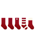 Five pairs of red Christmas baby socks in different styles, including striped, pom pom, and white cuff designs.