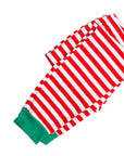 Red and white striped Christmas pajama pants with green cuffs, festive sleepwear bottoms