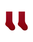 Classic cable knit baby socks in crimson red, soft cotton blend, warm winter socks for babies and toddlers