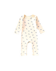 Apricot cotton baby romper with blue bow pattern, long-sleeve unisex design, soft ribbed fabric for spring and autumn.
