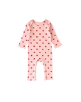 Pink baby romper with small red heart prints, long-sleeve design made from breathable 100% cotton fabric for infants.