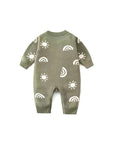 Front view of cotton knitted baby romper in army green with sun and rainbow pattern – soft breathable baby jumpsuit for spring and autumn.
