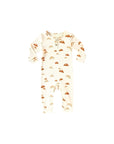 Cream cotton baby romper with brown croissant print, soft ribbed knit texture, long sleeves, and snap bottom for easy diaper changes.