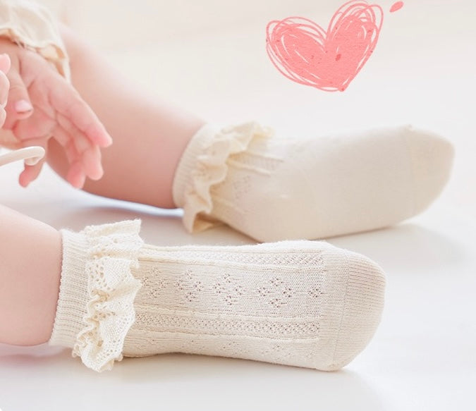 Cream lace baby socks on infant feet, delicate frill edge and seamless cotton texture.