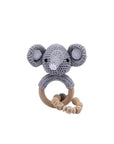 Handmade crochet elephant rattle with chain and natural wooden ring, a sensory newborn baby toy perfect for baby shower gifts, teething support and nursery essentials.