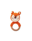 Handcrafted crochet fox rattle with natural wooden teething ring for babies, sensory toy and newborn baby gift.