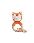 Handmade crochet fox rattle with chain and natural wooden ring, a sensory newborn baby toy perfect for baby shower gifts and nursery essentials.