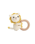 Handcrafted crochet lion rattle with natural wooden ring, a soft sensory toy for newborn babies and a thoughtful baby shower gift.
