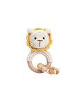 Handmade crochet lion rattle with chain and natural wooden ring, a sensory newborn baby toy perfect for baby shower gifts and nursery essentials.