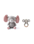 Handcrafted crochet twin big-ear elephant rattle set featuring an elephant comfort toy and wooden ring elephant rattle, perfect for newborn babies, baby shower gifts and nursery essentials.