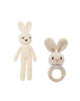 Handcrafted crochet twin off white bunny rattle set with soft bunny comfort toy and wooden ring rattle, perfect for newborn babies, baby shower gifts and nursery essentials.