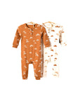 Two cotton baby rompers with croissant print in apricot and cream colors, long sleeves, soft ribbed texture, ideal for boys and girls.
