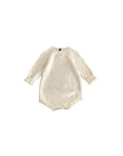 Baby knit romper back view with long sleeves and soft ribbed trim