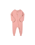 dusty pink baby romper with small floral embroidery and zipper front