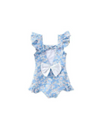 blue floral baby one-piece swimsuit with ruffle straps and bow detail