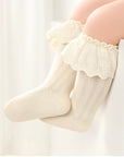 Eyelet lace cotton baby socks cream – embroidered ruffle cuff socks UK