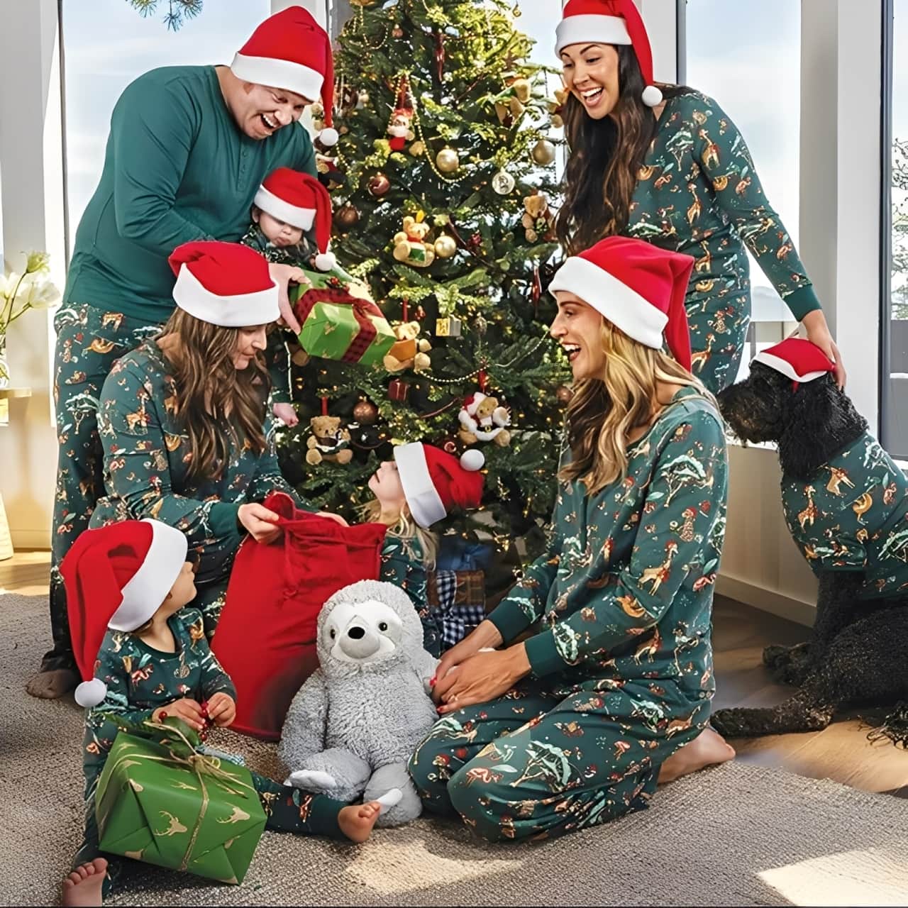 Family wearing green Christmas pajamas with festive animal print, matching holiday sleepwear set